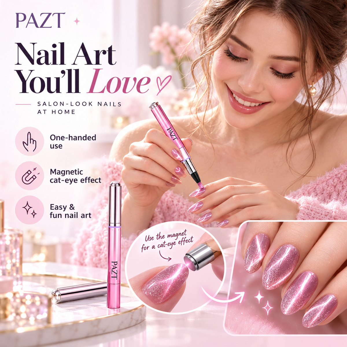 Cat-eye Nail Polish Pen With Small Magnetic Beads Nude Color Available In 5 Shades